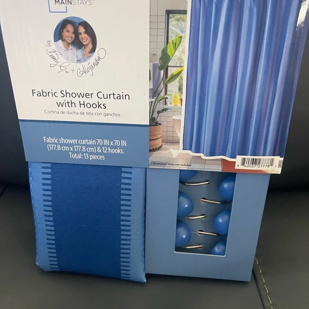 New Mainstays Blue Striped Fabric Shower Curtain with Matching Blue Hooks